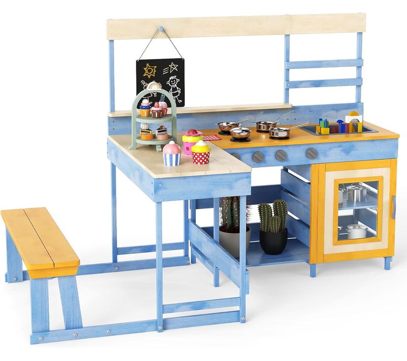 2 En 1 Cuisine Extérieure Enfant Avec Tableau Noir Et Table De Pique-nique (bleu)