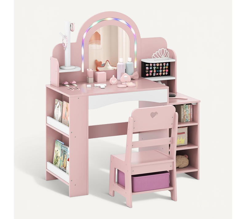 Coiffeuse Enfants Avec Chaise et Miroir éclairé, Bureau Enfant Avec Bibliothèque (rose)