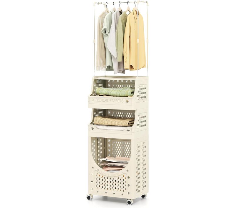 Panier Linge Pliable 4 Niveaux Avec Cintre, Roulettes Verrouillables, (21l+21l+40l,pro)