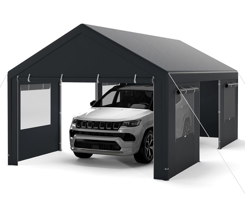 Abri De Voiture 363 X 600 Cm Structure Métallique Bâche Pe, Tente De Garage Avec Fenêtres (gris)