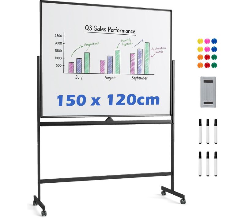 Tableau Blanc Effacable Sur Pied 150 X 120 Cm, Double Face, 2 Hauteurs Réglables(noir)