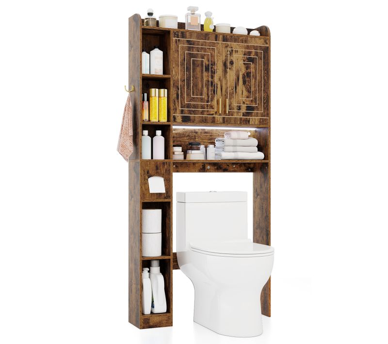 Meuble Wc, étagère De Toilettes Avec éclairage LED, Placard à 2 Portes (marron Rustique)