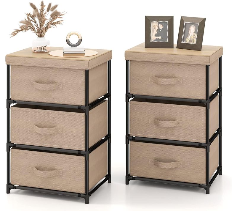 Lot De 2 Commode 3 Tiroirs En Tissu,commode Chambre Adulte Avec Cadre En Métal,40x30x62cm,café Clair
