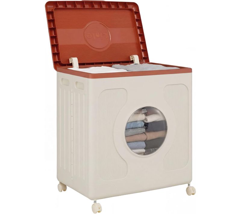 Boite Rangement Plastique Avec Couvercle 122l, Caisse Rangement Pliable, 4 Roulettes(orange)