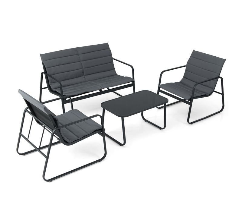 Ensemble De Mobilier D'extérieur 4 Pièces, Salon De Jardin Avec Coussins Et Table Basse En Verre