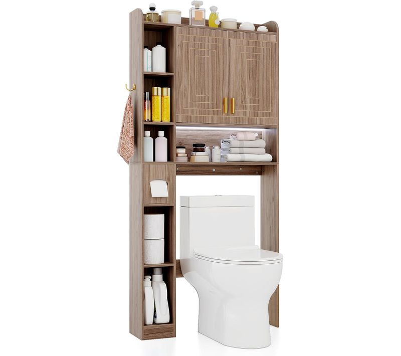 Meuble Wc, étagère De Toilettes Avec éclairage LED, Placard à 2 Portes (gris Vieilli)