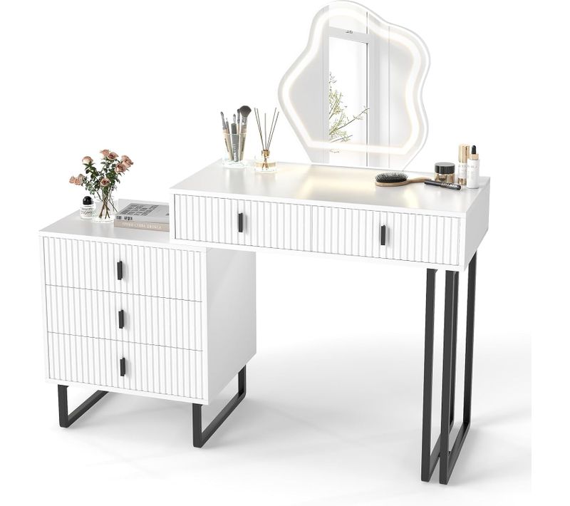 Coiffeuse Avec Miroir LED, 3 Modes D'éclairage, Luminosité Réglable, Bureau Coiffeuse, 5 Tiroirs