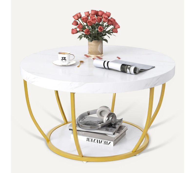 Table Basse Ronde 2 Niveaux, Table Basse Effect Marbre 80 Cm, Cadre En Métal Doré(blanc)