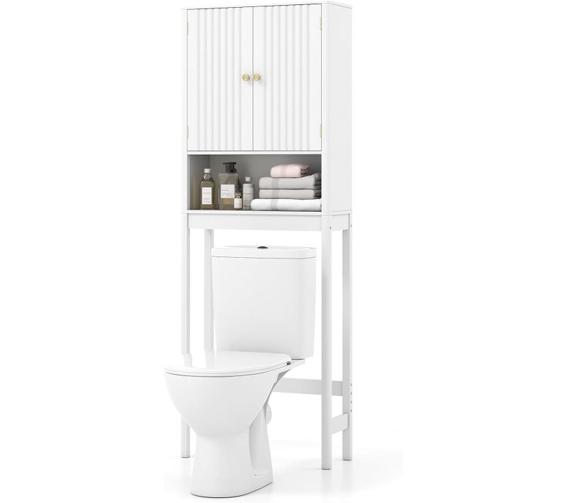 Meuble Toilette, étagère Wc, Portes Cannelées, Compartiments Ouverts, 23 X 60 X 168 Cm (blanc)