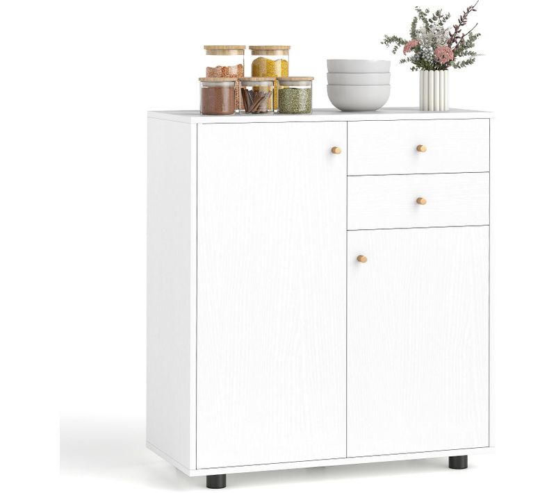 Petit Buffet Cuisine Rangement,meuble De Rangement 2 Placards,2 Tiroirs,3 Étagères Réglables,blanc
