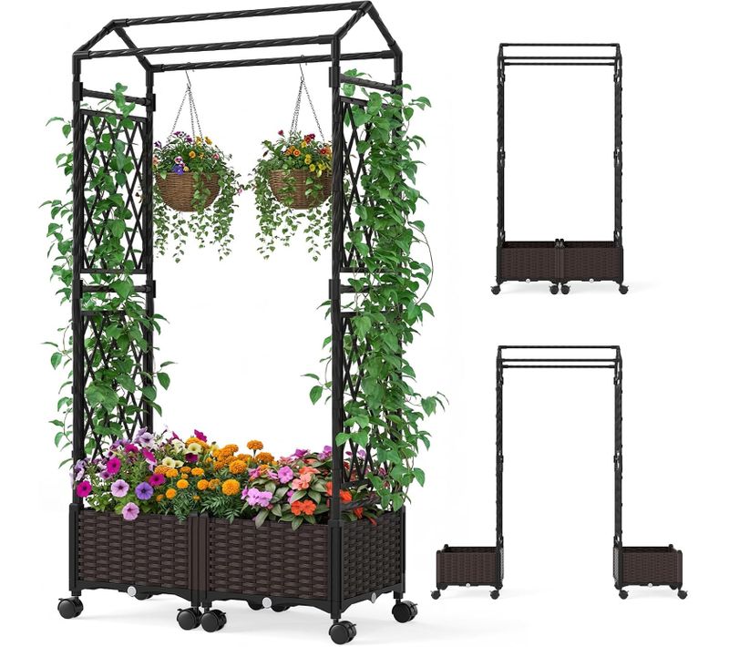 Jardinière Avec 2 Treillis Latéraux Toit Suspendu, Lit De Jardin Surélevé Bac Inférieur (marron)