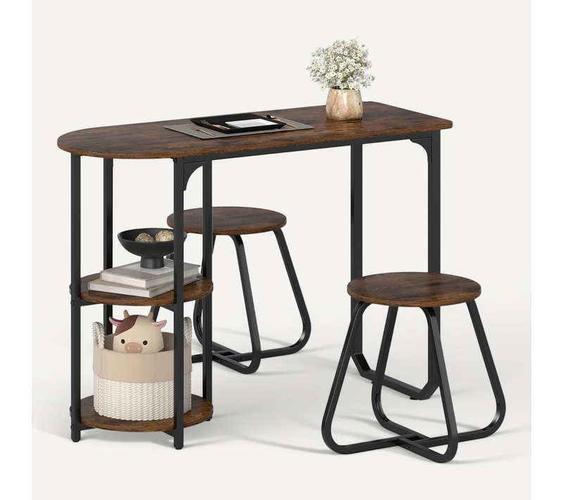 Table De Bar Avec 2 Tabourets, Mange Debout Avec 2 étagères De Rangement (marron Rustique)