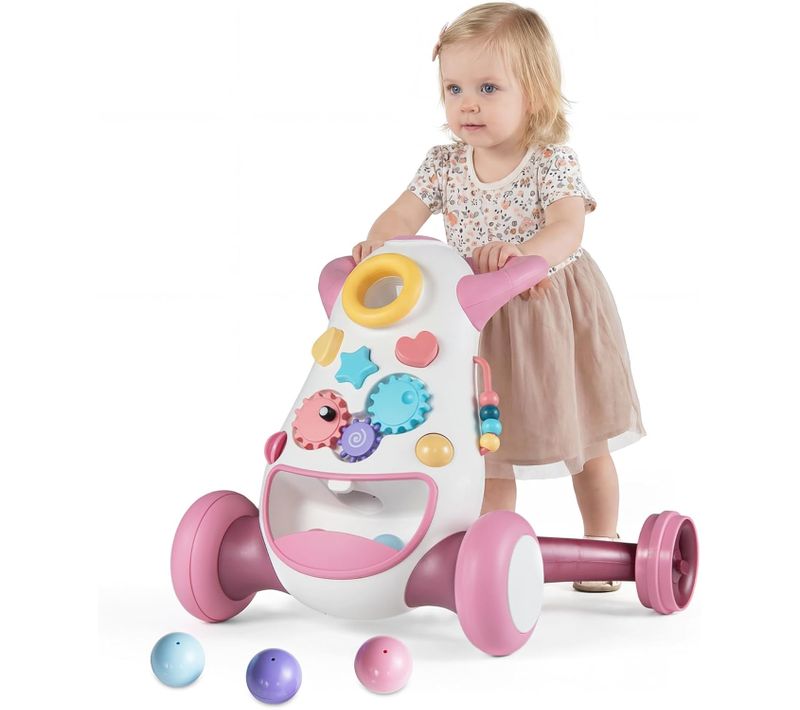 Chariot De Marche Bébé Avec Musique Et Lumières, Trotteur Avec Vitesse Réglable, 56,5x46x44cm (rose)