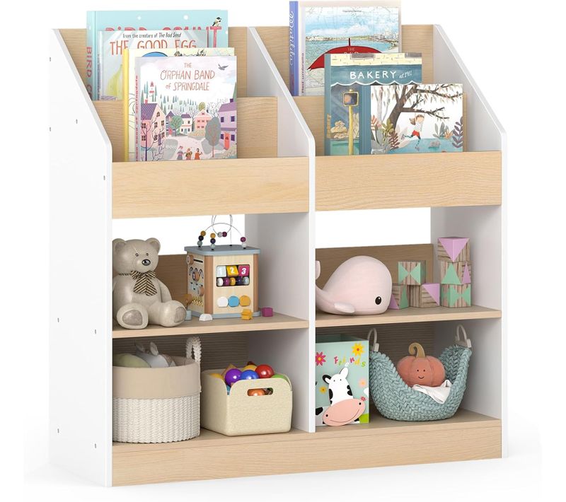 Bibliothèque Enfant En Bois Avec 4 Cubes Et 4 Compartiments Ouvertes, Étagère à Livres Enfant