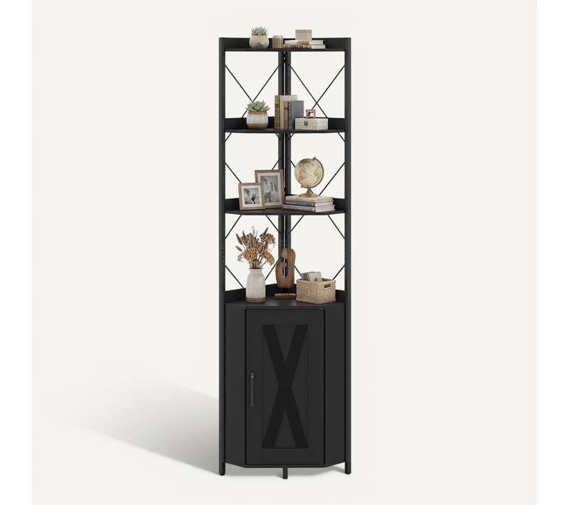 Étagère D’angle 6 Niveaux Avec Armoire à Porte, 180 Cm, Bibliothèque Angle (noir)