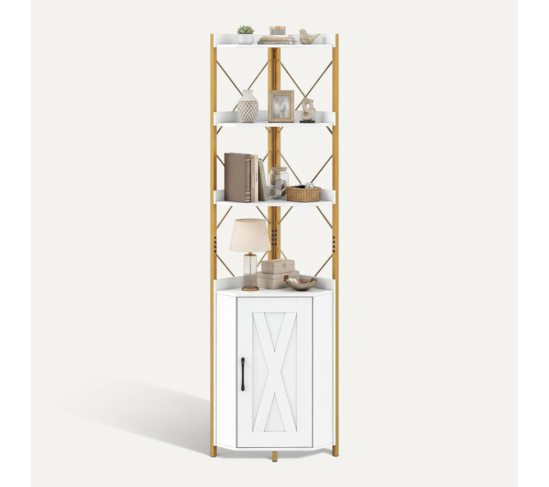 Étagère D’angle 6 Niveaux Avec Armoire à Porte, 180 Cm, Bibliothèque Angle (blanc)