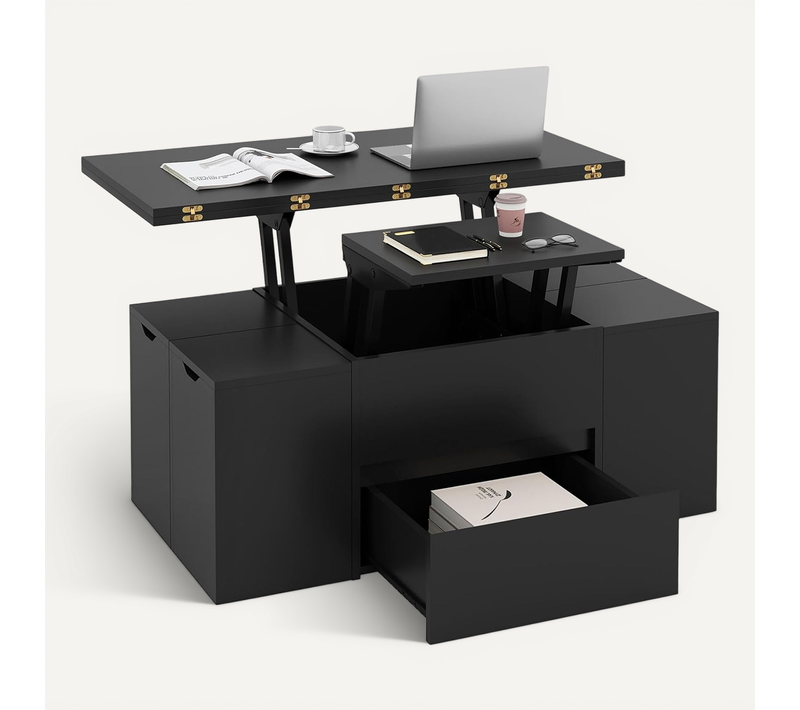 Table Basse Relevable Avec 4 Tabourets Cachées, Table Salon Extensible 3 En 1 Avec Rangement(noir)