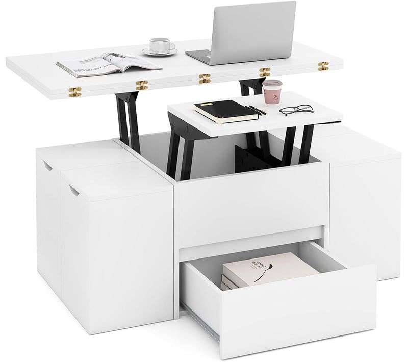 Table Basse Relevable Avec 4 Tabourets Cachées, Table Salon Extensible 3 En 1 Avec Rangement(blanc)