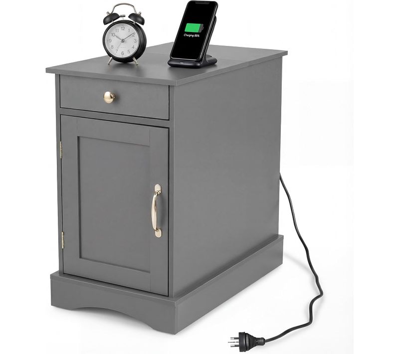 Table De Chevet Avec Prise,table De Nuit Avec Tiroir,placard à Étagere Réglable(gris)