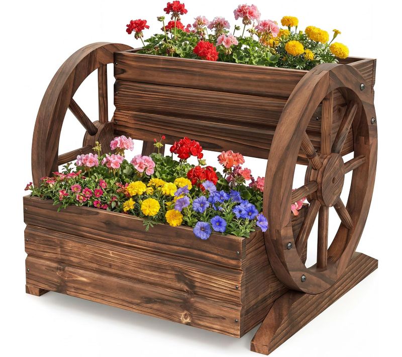 Jardinière Surélevée à 2 Niveaux, Bac à Plantes En Bois En Forme De Chariot Avec Trous De Drainage