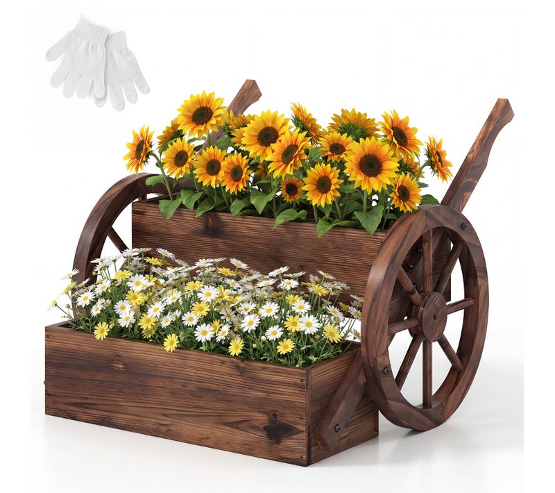 Jardinière Surélevée à 2 Niveaux, Bac à Plantes En Bois En Forme De Chariot Avec Trous De Drainage