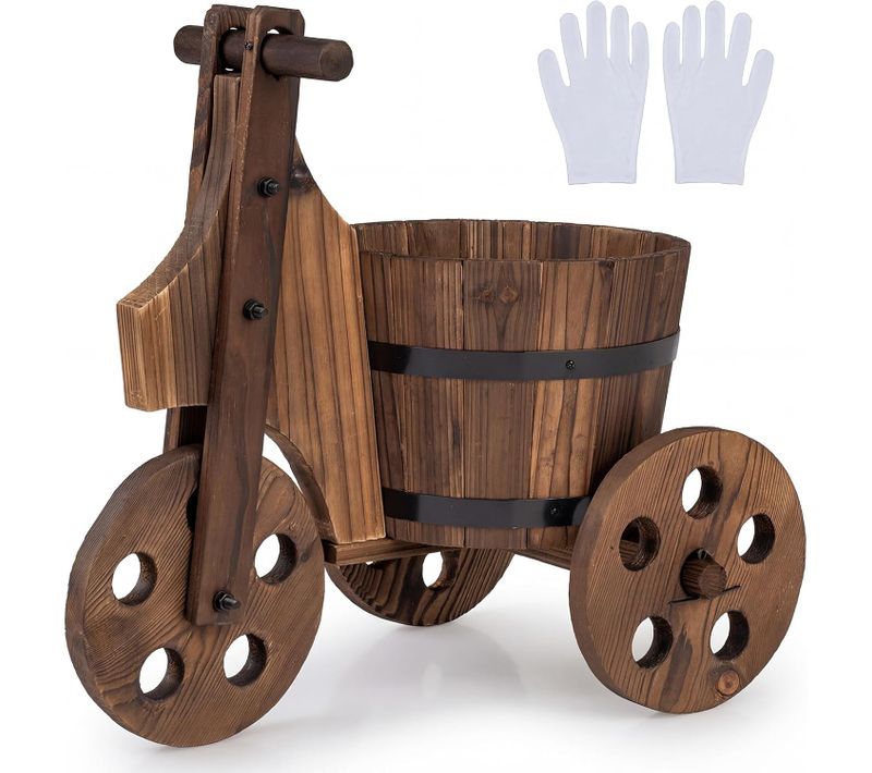 Jardinière Tricycle Pot De Fleurs En Bois, Porte Plante En Tonneau, 47 X 32 X 43,5 Cm