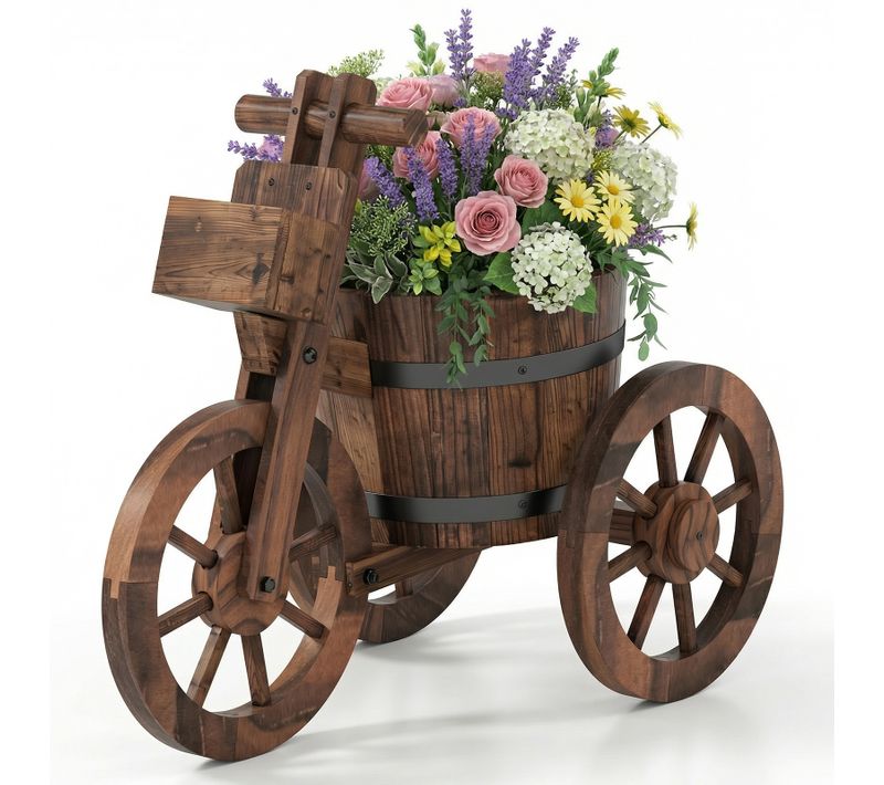 Jardinière Tricycle Pot De Fleurs En Bois, Porte Plante En Tonneau, 54 X 29 X 44 Cm