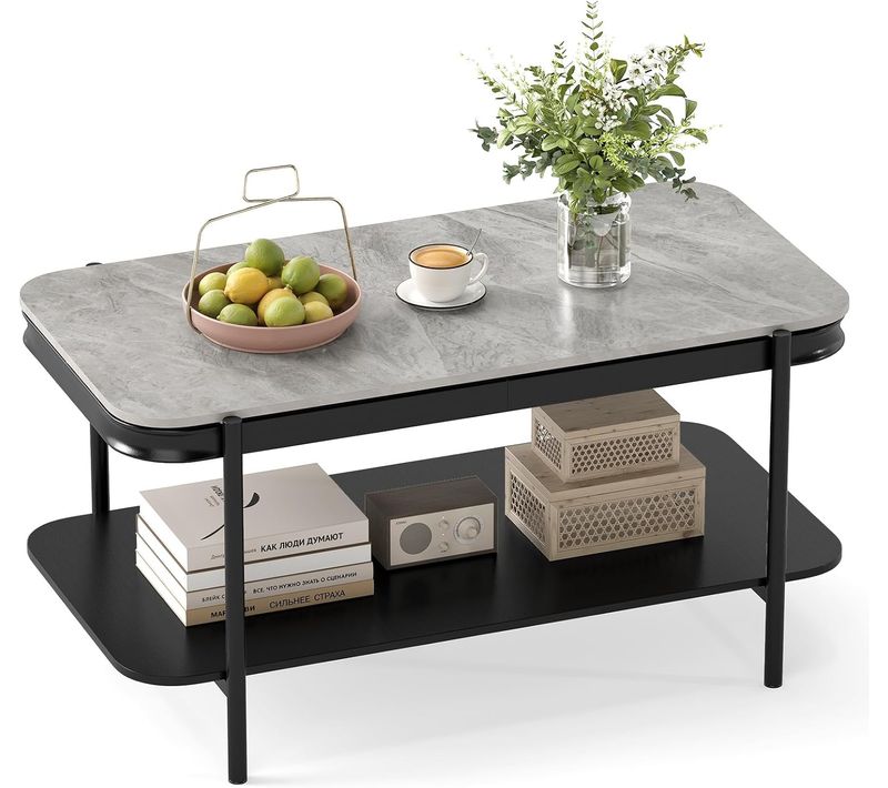 Table Basse En Pierre 2 Niveaux, Plateau En Pierre Frittée Aspect Marbre, Cadre En Métal(gris)