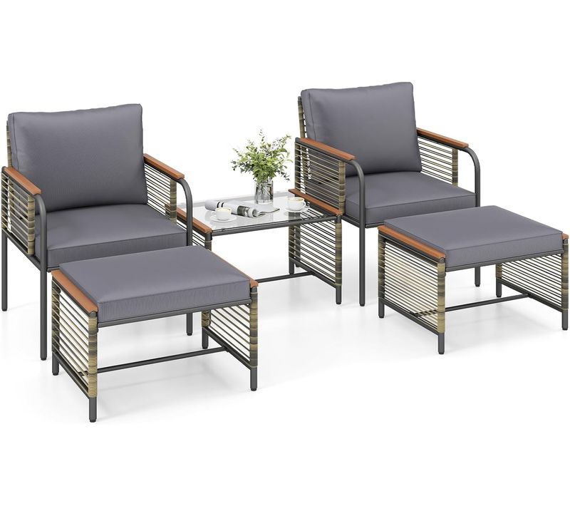 Ensemble De Mobilier De Jardin 5 Pièces, Salon De Jardin En Rotin Pe Avec Coussins (marron+gris)