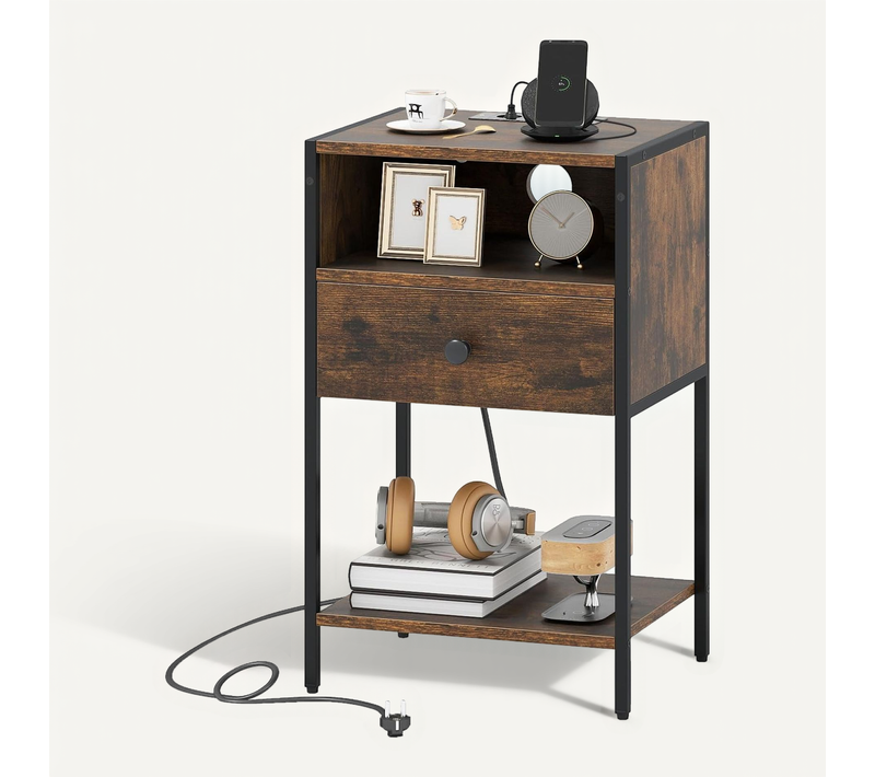 Table De Chevet Avec Prise, Table D'appoint Haute Avec Compartiment Ouvert (marron Rustique)