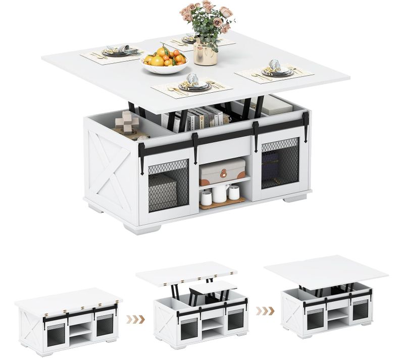 Table Basse Relevable, Table De Salon Extensible 3 En 1, 2 Portes Coulissantes Grange(blanc)