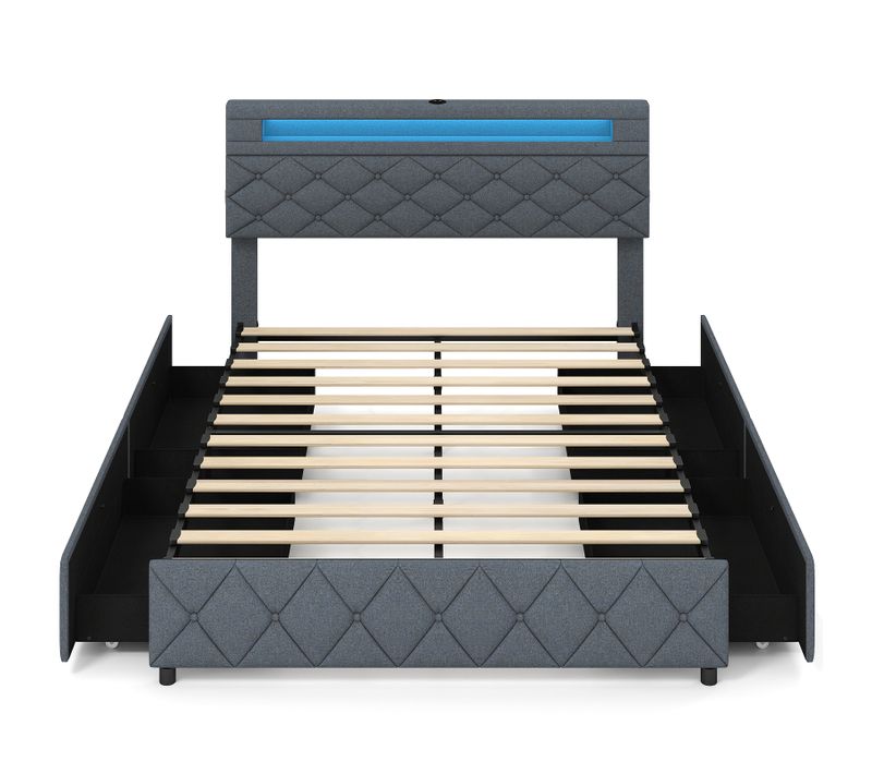 Lit Double 140 X 200 Cm,avec Lumières LED Et 2 Ports USB,cadre De Lit En Métal Avec 4 Tiroirs