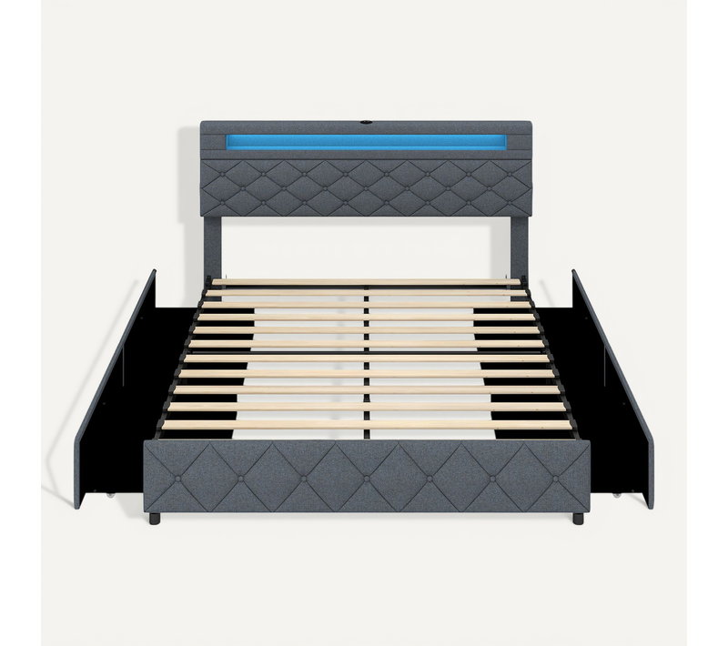 Lit Double 160 X 200 Cm, Avec Lumières LED Et 2 Ports USB, Cadre De Lit En Métal Avec 4 Tiroirs