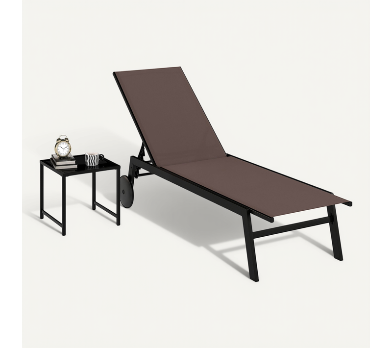 Bain De Soleil Avec Table Basse, Dossier Réglable à 6 Niveaux, Chaise Longue Jardin Exterieur (brun)