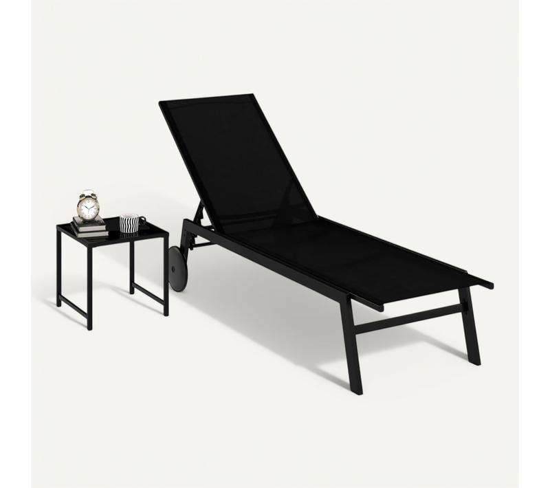 Bain De Soleil Avec Table Basse, Dossier Réglable à 6 Niveaux, Chaise Longue Jardin Exterieur (noir)