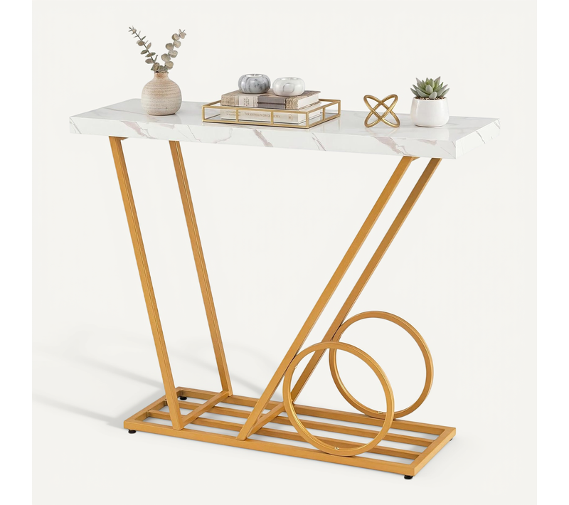 Console Meuble 100 Cm, Table Console En Imitation Marbre, Cadre Métallique Géométrique,blanc Et Or