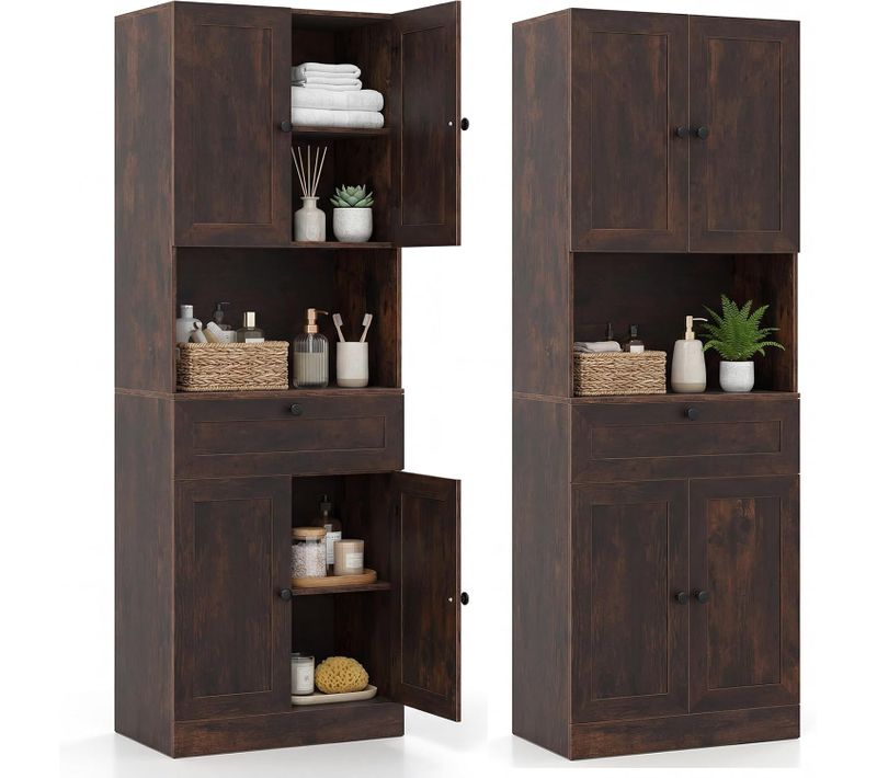 Armoire De Salle De Bains,armoire Haute En Bois Avec 4 Portes,1 Tiroir,étagère Réglable(brun)