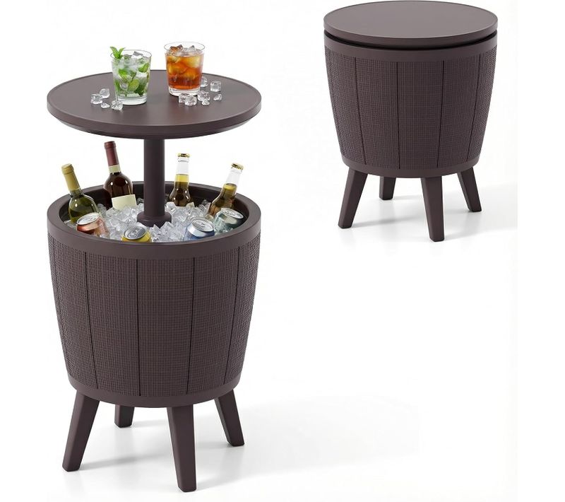Table Glacière 38l Pour Jardin 2 En 1 Avec Plateau Relevable, Seau à Glace D'extérieur(marron)