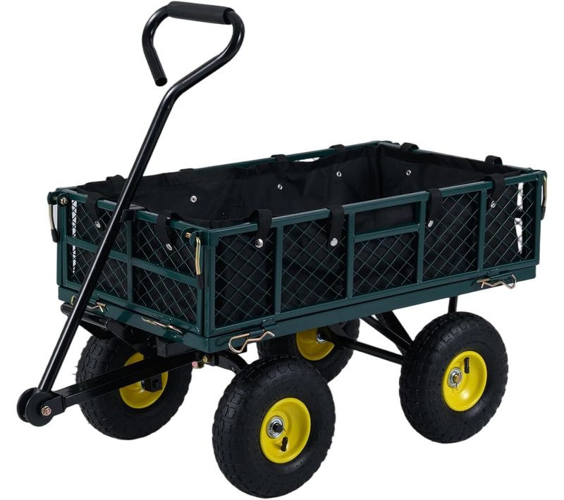 Chariot De Jardin En Métal, Chariot Utilitaire Pliable 2-en-1 Avec Côtés En Filet Amovibles, Vert