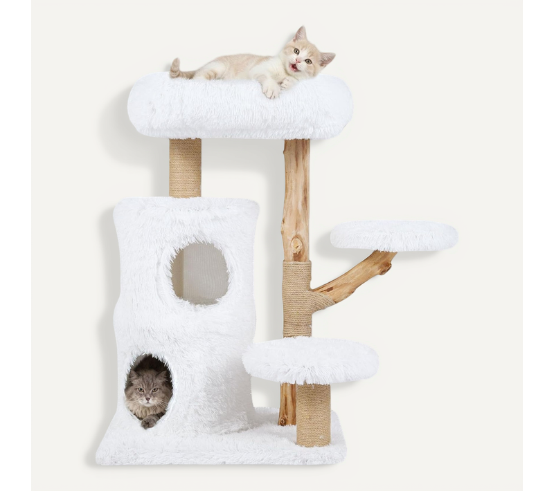 Arbre à Chat Bois De Poirier 93 Cm, Condo à 2 Niveaux (93 Cm,blanc+naturel)