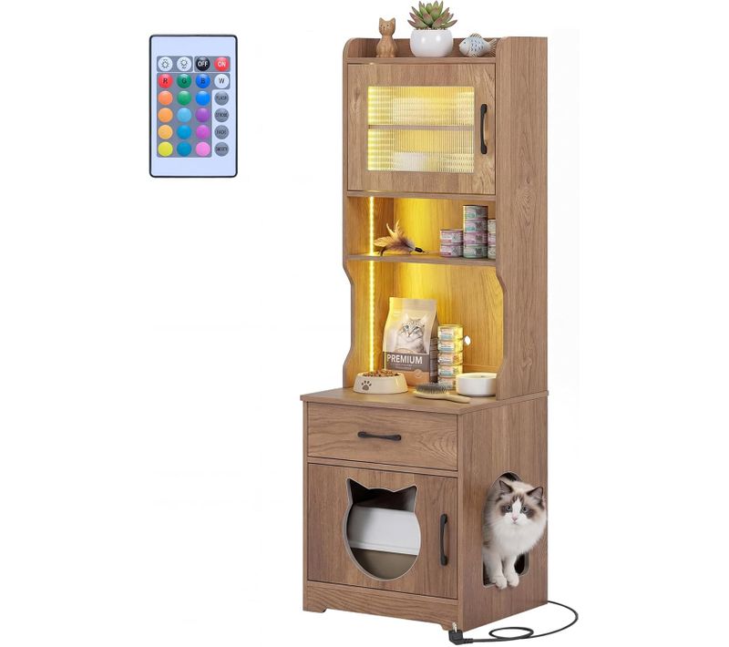 Meuble Litiere Chat Avec Meuble De Rangement, éclairage LED Ajustable, 50 X 45 X 152 Cm (naturel)