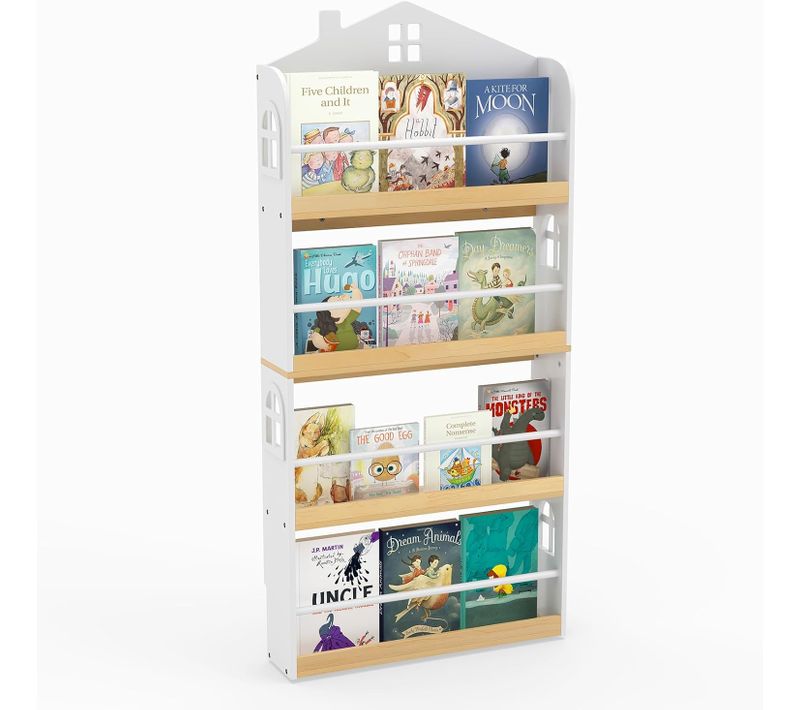 Bibliothèque Enfant à 4 Niveaux En Forme Maison, Étagère à Livres Enfant Avec Barrières Anti-chute