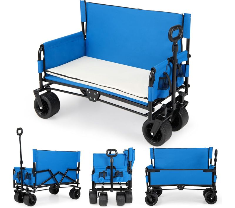 Chariot De Plage Pliable Banc 2-en-1, Chariot De Transport 85 L (bleu)
