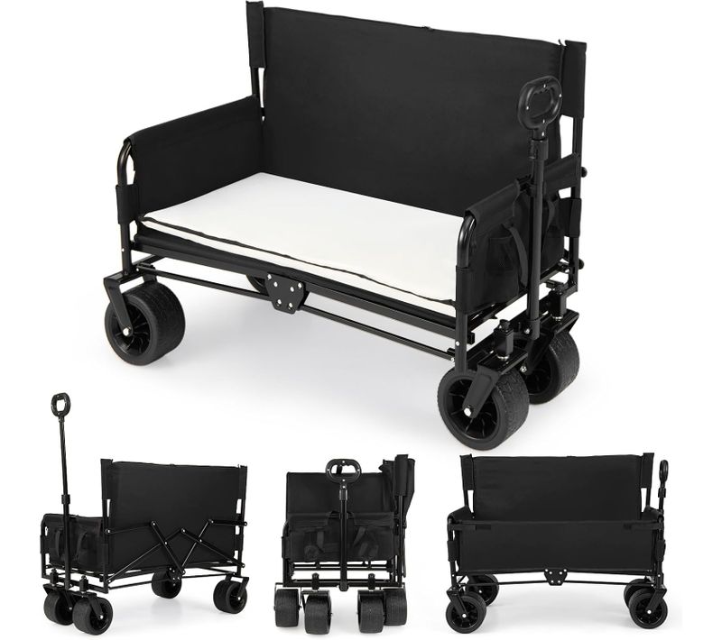 Chariot De Plage Pliable Banc 2-en-1, Chariot De Transport 85 L (noir)