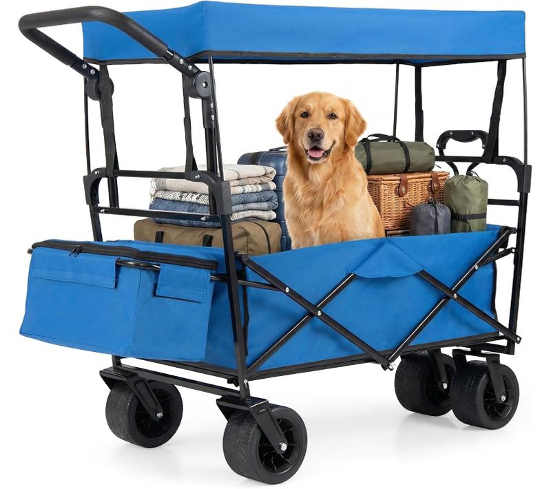 Chariot De Jardin Pliable Avec Auvent Amovible, Chariot De Plage Avec Poignées Réglables (bleu)