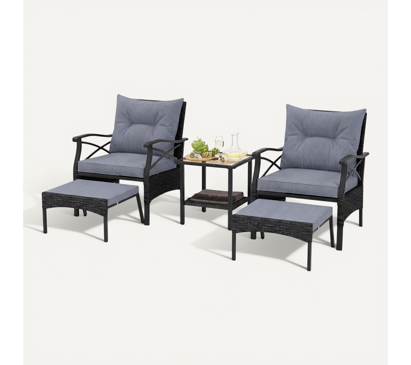 Ensemble De Meubles De Patio 5 Pièces,salon De Jardin En Rotin Avec 2 Chaises 2 Poufs (noir+gris)