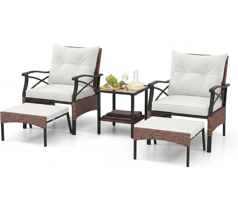 Ensemble De Meubles De Patio 5 Pièces,salon De Jardin En Rotin Avec 2 Chaises 2 Poufs(marron+beige)