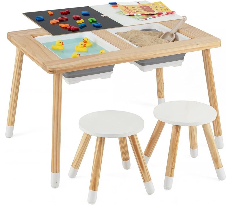 Table Sensorielle Enfant En Bois Avec 2 Chaises,tableau Noir Et Blanc(avec Tabouret Rond)