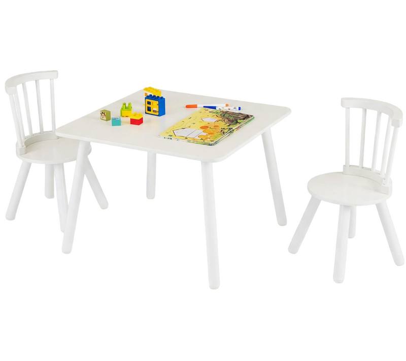 Table Et 2 Chaises Enfant Avec Pieds En Pin, Dossier Incurvé Et Patins Antidérapants(blanc)