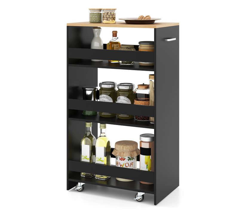 Chariot De Rangement 30 Cm à Roulettes, Desserte De Cuisine Etroit à 4 Niveaux (noir + Nature)